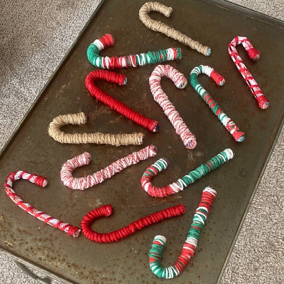 Handmade Yarn Wrapped Candy Cane Ornaments - Set of 12 - Made with Hair Rollers - Picture 1 of 11